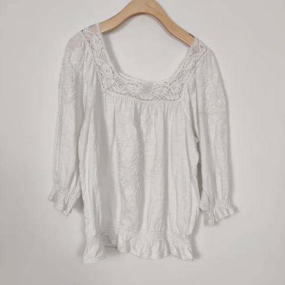 In-vain Women's White Square Neck Puff Sleeve Blouse Size Large Crochet Cotton - Picture 1 of 11